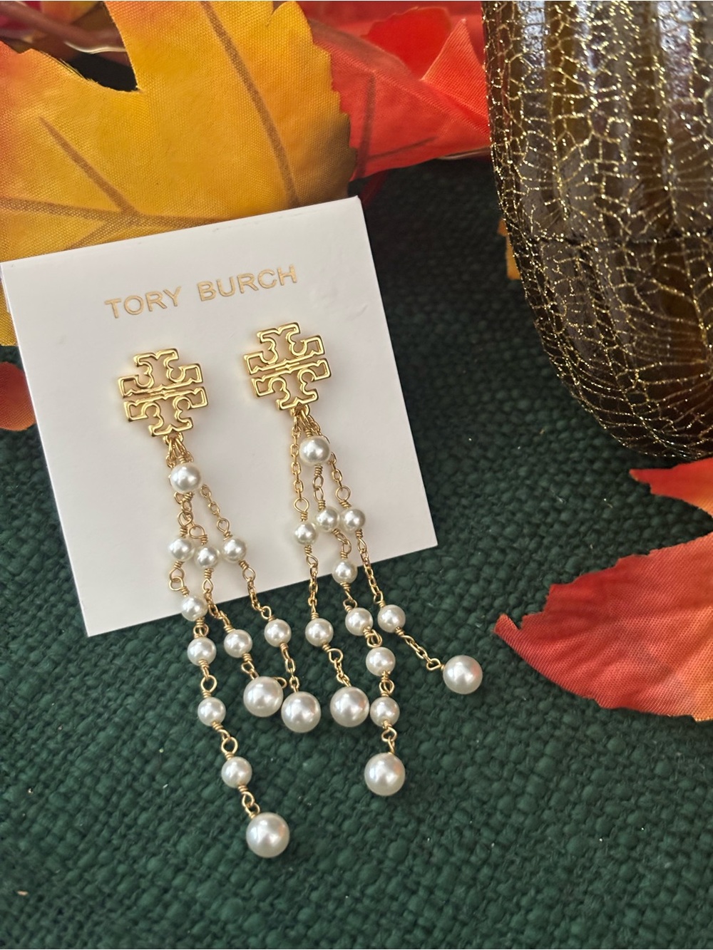 Tory Burch Gold Pearl Cascade Logo Drop Earrings